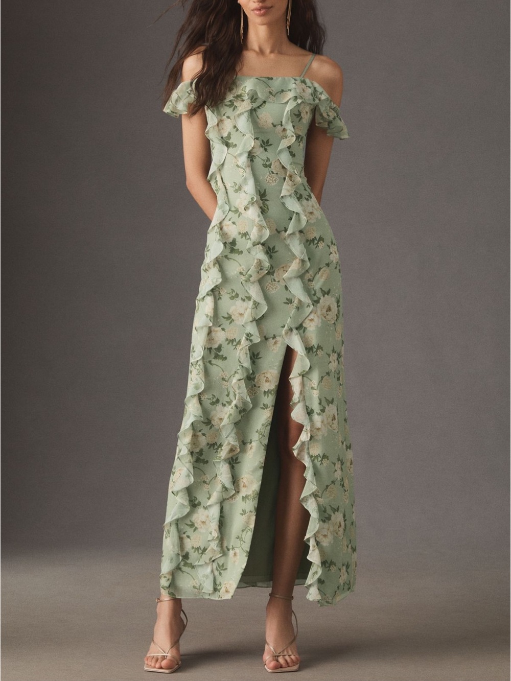 BHLDN Off-Shoulder Ruffled Chiffon Maxi Dress